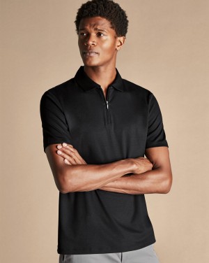 Black Charles Tyrwhitt Zip-Neck Jersey Polo | ONHYCL-047