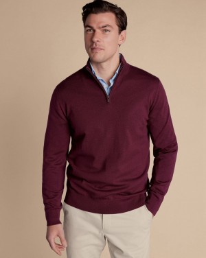 Burgundy Charles Tyrwhitt Merino Quarter Zip Sweater | UQFHBN-405