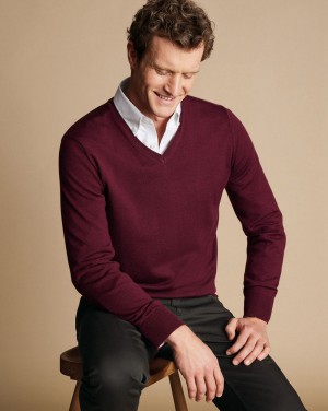 Burgundy Charles Tyrwhitt Merino V-Neck Sweater | KEHALP-354