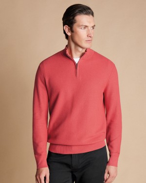 Coral Pink Charles Tyrwhitt Honeycomb Cotton Quarter Zip Sweater | TJLPCB-628