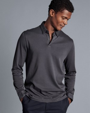 Dark Grey Charles Tyrwhitt Combed Cotton Long Sleeve Polo | QZVHLW-932