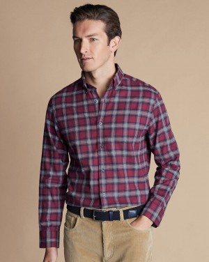 Dark Red Charles Tyrwhitt Brushed Flannel Check Shirt | YTRJMK-269