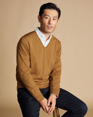 Gold Charles Tyrwhitt Merino V-Neck Sweater | LVEYGQ-745