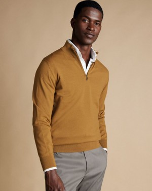 Gold Melange Charles Tyrwhitt Merino Quarter Zip Sweater | QNUEXT-085