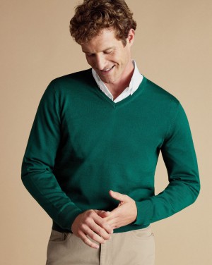 Green Charles Tyrwhitt Merino V-Neck Sweater | OYBZJH-469