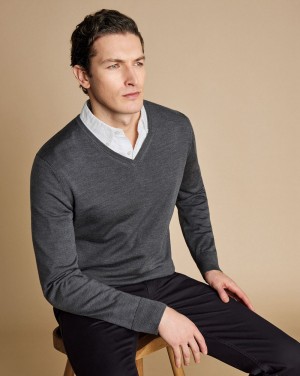 Grey Charles Tyrwhitt Merino V-Neck Sweater | MGFPNL-934