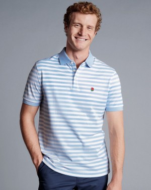 Light Blue/White Charles Tyrwhitt England Rugby Striped Pique Polo | KBJAEM-567