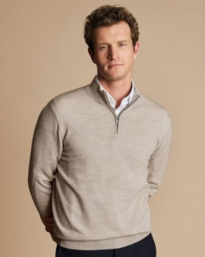 Limestone Charles Tyrwhitt Merino Quarter Zip Sweater | JHQSDX-605