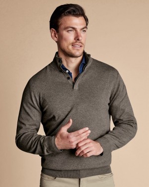 Mocha Charles Tyrwhitt Merino Cashmere Button Neck Sweater | LGAEZB-751