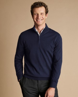 Navy Charles Tyrwhitt Merino Quarter Zip Sweater | WMBGPU-368