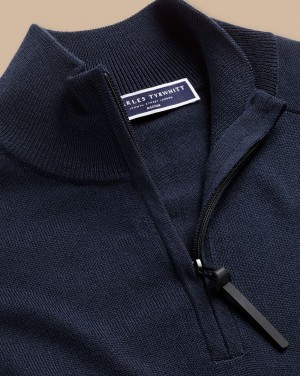 Navy Charles Tyrwhitt Performance Merino Quarter Zip Sweater | AEQFPY-506