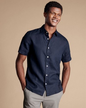 Navy Charles Tyrwhitt Pure Linen Short Sleeve Shirt | ZVLREN-574