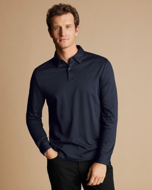 Navy Charles Tyrwhitt Smart Long Sleeve Jersey Polo | DQFGVE-657