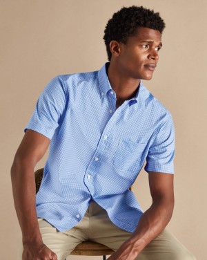 Ocean Blue Charles Tyrwhitt Button-Down Collar Non-Iron Stretch Short Sleeve Shirt | QBODEH-540