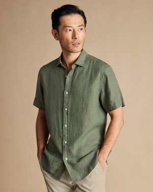 Olive Green Charles Tyrwhitt Pure Linen Short Sleeve Shirt | XABNTO-784