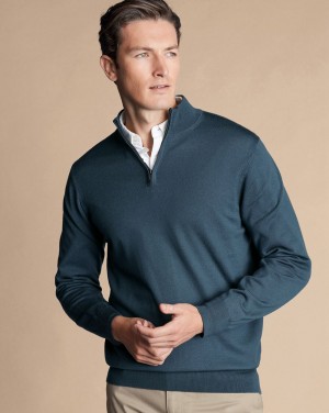 Petrol Blue Charles Tyrwhitt Merino Quarter Zip Sweater | DRTEIU-473