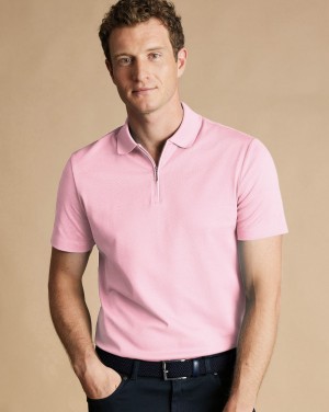 Pink Charles Tyrwhitt Popcorn Textured Tyrwhitt Cool Zip-Neck Stripe Polo | MZUHDN-290