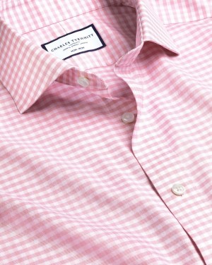 Pink Charles Tyrwhitt Spread Collar Non-Iron Twill Gingham Shirt | IACGJN-579