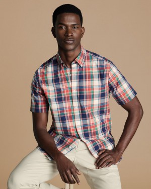 Red Charles Tyrwhitt Non-Iron Stretch Poplin Short Sleeve Shirt | AHZLFO-695