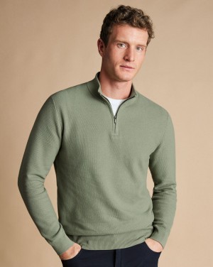 Sage Green Charles Tyrwhitt Honeycomb Cotton Quarter Zip Sweater | YLZAQH-816