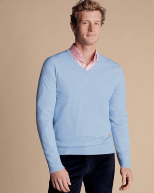 Sky Blue Charles Tyrwhitt Merino V-Neck Sweater | ZQLIMX-239