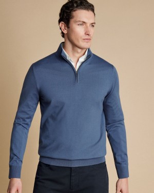 Steel Blue Charles Tyrwhitt Merino Quarter Zip Sweater | DYQOCM-923