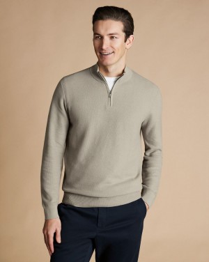 Taupe Charles Tyrwhitt Honeycomb Cotton Quarter Zip Sweater | FHUJTG-541