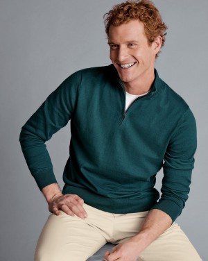 Teal Green Charles Tyrwhitt Combed Cotton Quarter Zip Sweater | AVCLRF-706