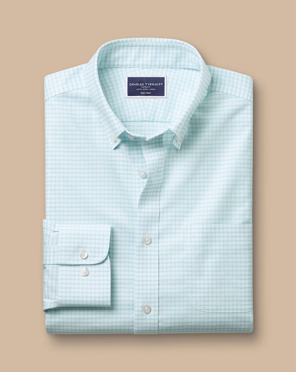 Aqua Green Charles Tyrwhitt Button-Down Collar Non-Iron Stretch Check Oxford Shirt | YRIUSX-906