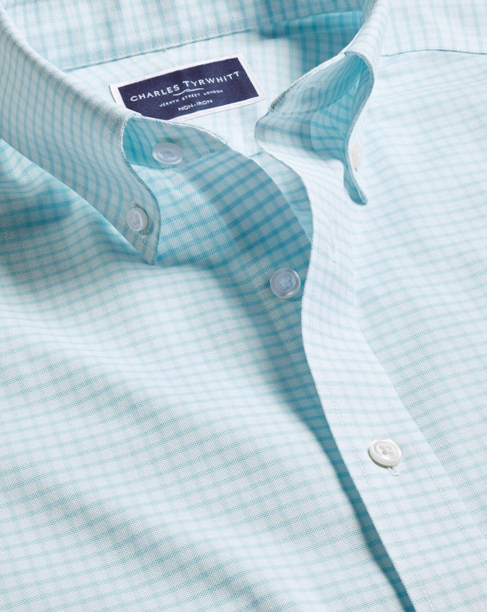 Aqua Green Charles Tyrwhitt Button-Down Collar Non-Iron Stretch Check Oxford Shirt | YRIUSX-906