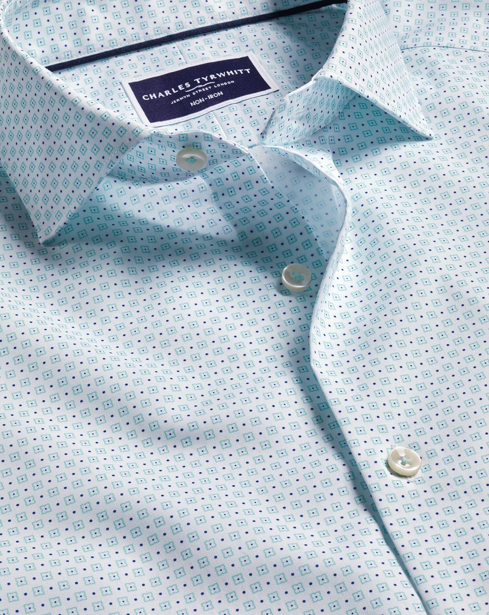 Aqua Green Charles Tyrwhitt Semi-Spread Collar Non-Iron Stretch Motif Print Shirt | LGXYPH-542