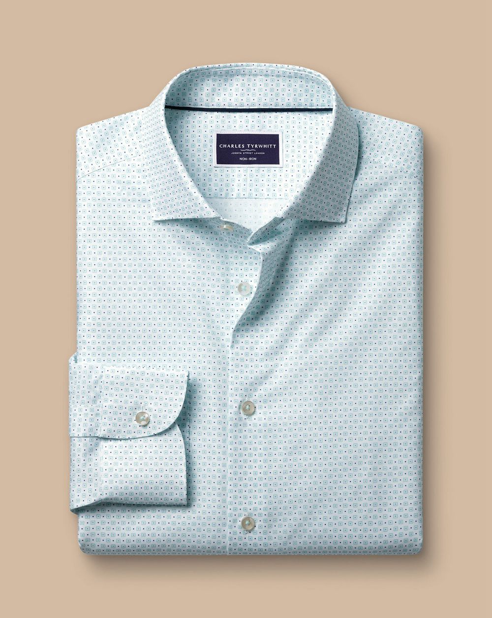 Aqua Green Charles Tyrwhitt Semi-Spread Collar Non-Iron Stretch Motif Print Shirt | LGXYPH-542