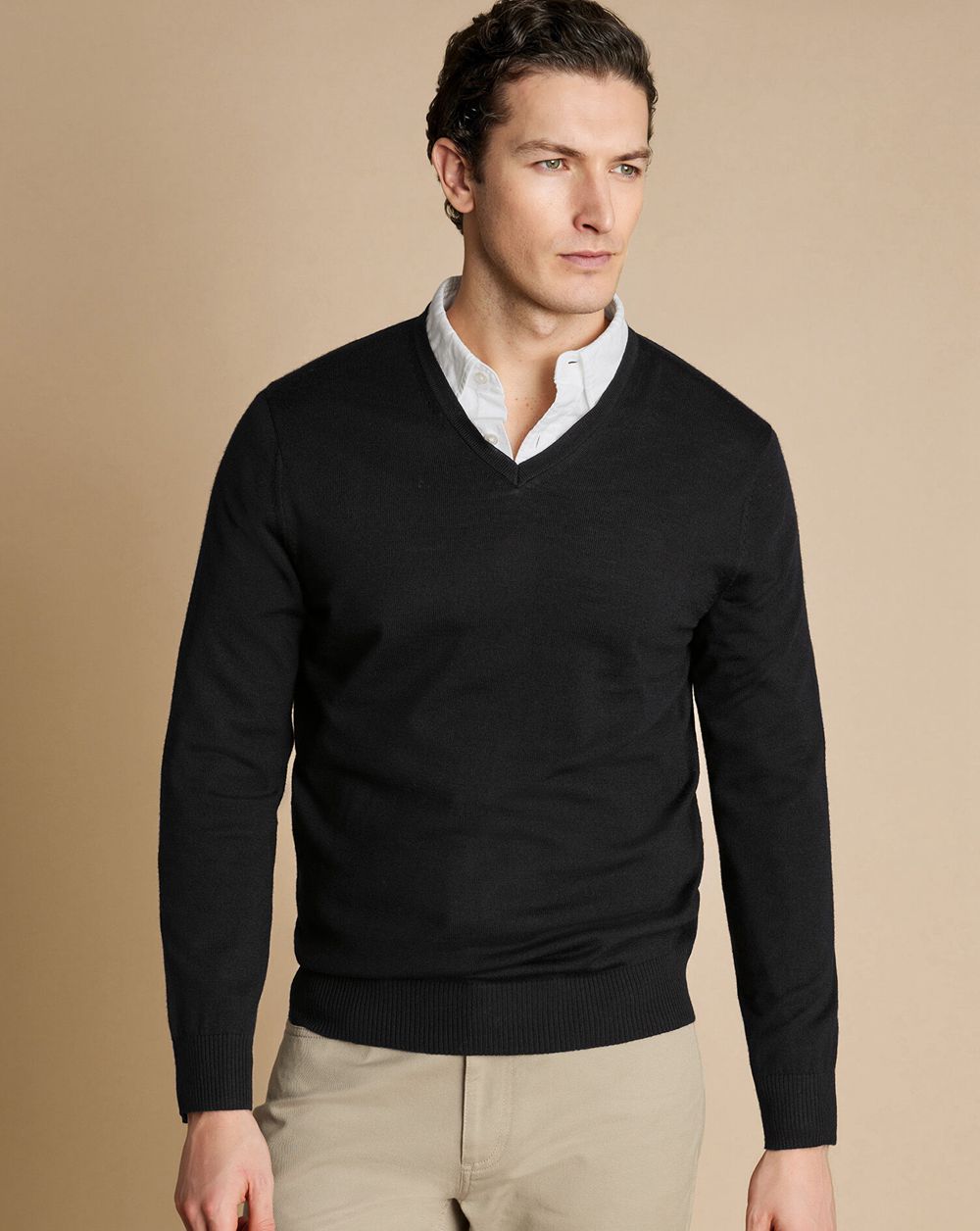 Black Charles Tyrwhitt Merino V-Neck Sweater | MIKBEP-186