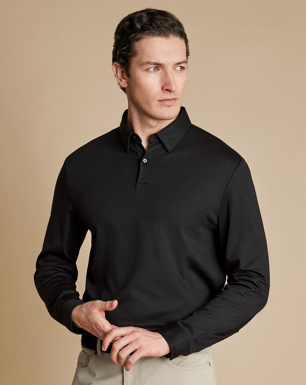 Black Charles Tyrwhitt Smart Long Sleeve Jersey Polo | WRZBLG-904