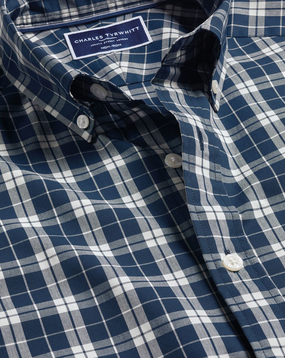 Blue Charles Tyrwhitt Button-Down Collar Non-Iron Stretch Poplin Check Shirt | ZVHFMD-956