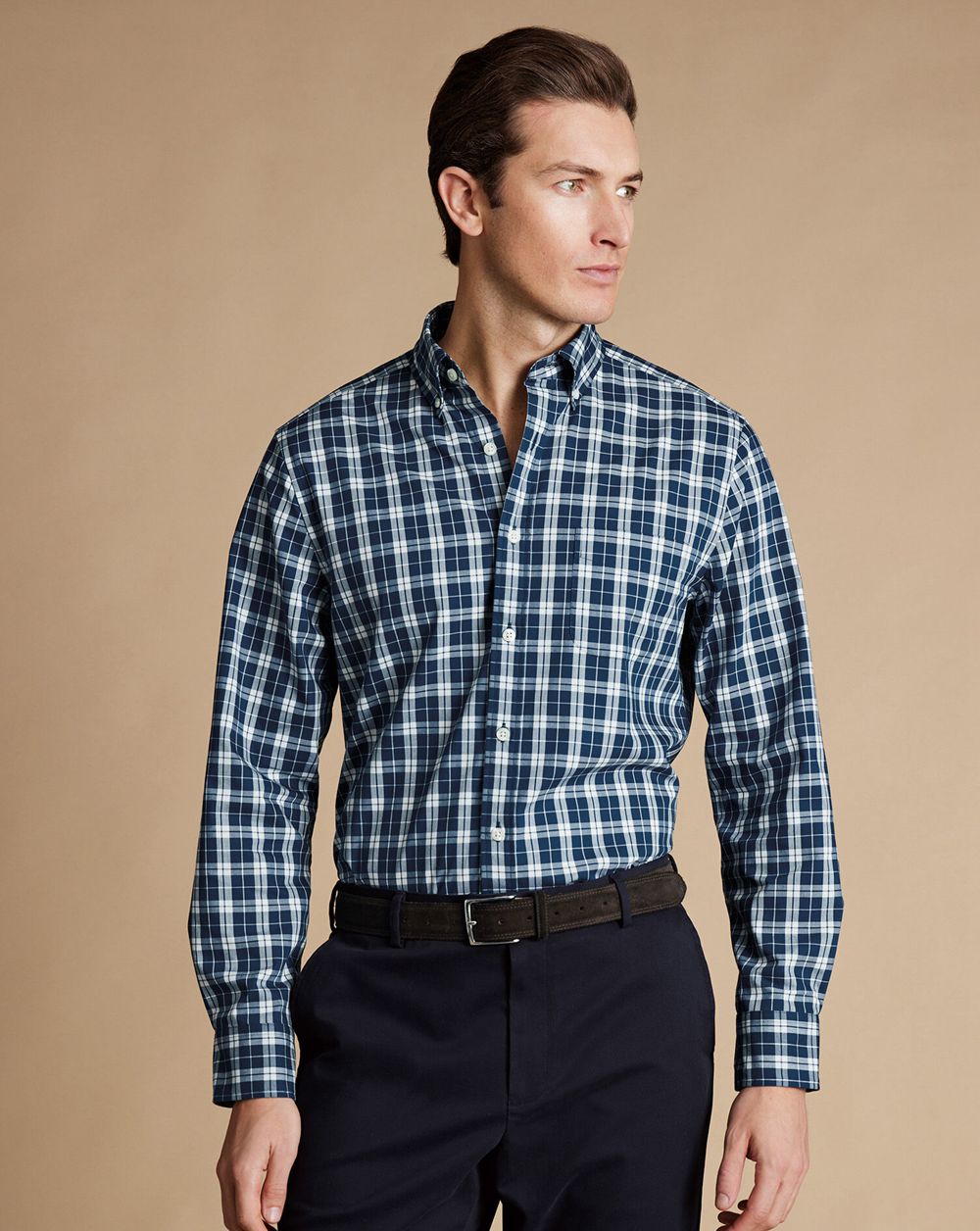 Blue Charles Tyrwhitt Button-Down Collar Non-Iron Stretch Poplin Check Shirt | ZVHFMD-956