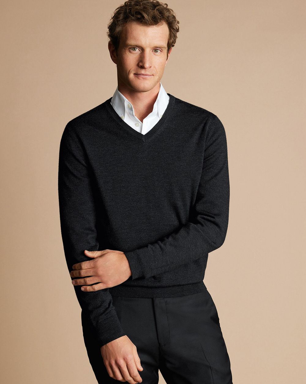 Charcoal Grey Charles Tyrwhitt Merino V-Neck Sweater | TQBXSH-419