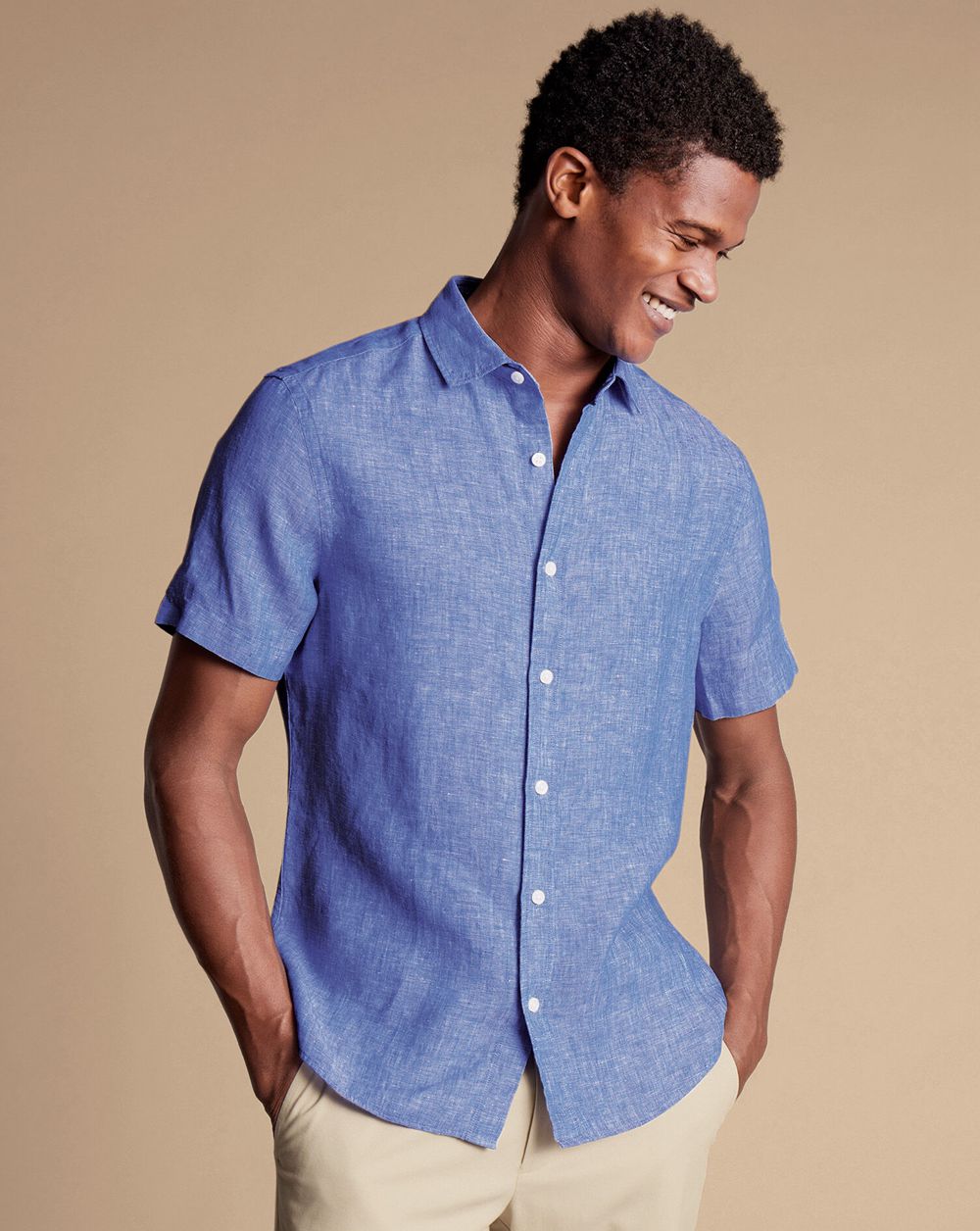 Cobalt Blue Charles Tyrwhitt Pure Linen Short Sleeve Shirt | PXTUWE-928