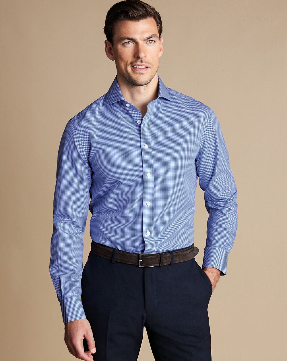 Cobalt Blue Charles Tyrwhitt Spread Collar Non-Iron Poplin Mini Gingham Check Shirt | DYEMRL-280