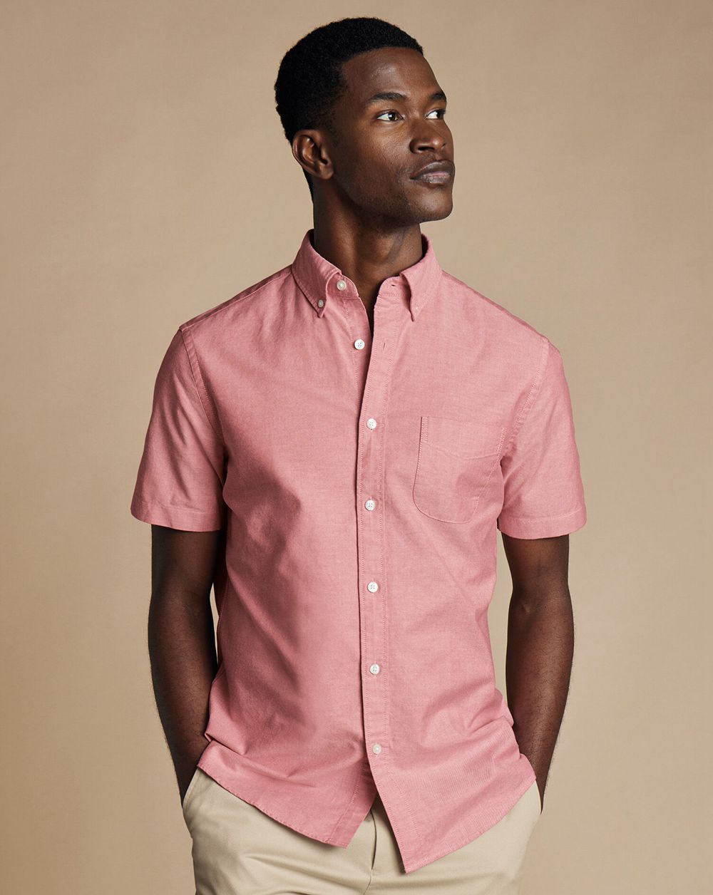 Coral Pink Charles Tyrwhitt Stretch Washed Oxford Short Sleeve Shirt | MGWBEP-723