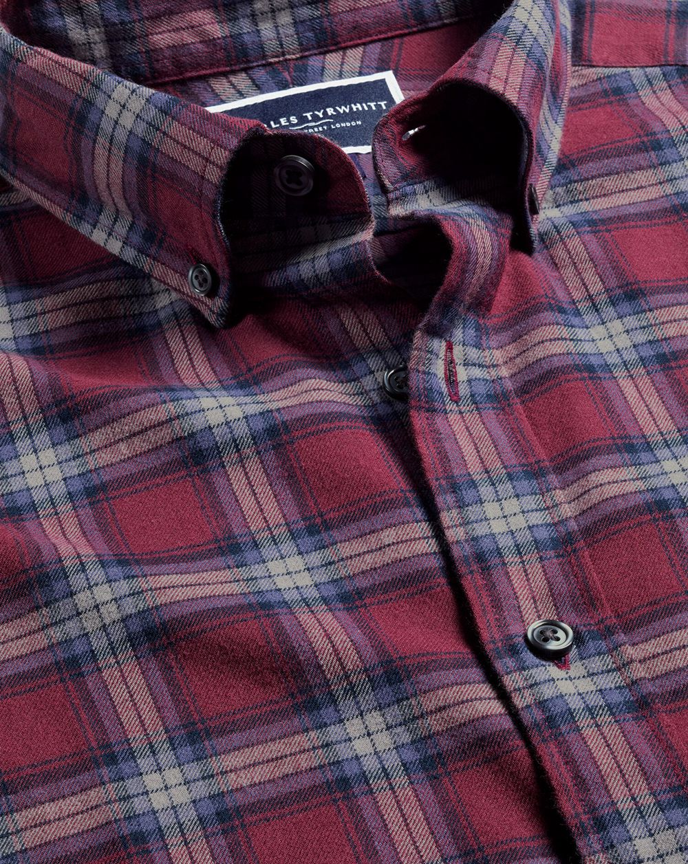 Dark Red Charles Tyrwhitt Brushed Flannel Check Shirt | YTRJMK-269