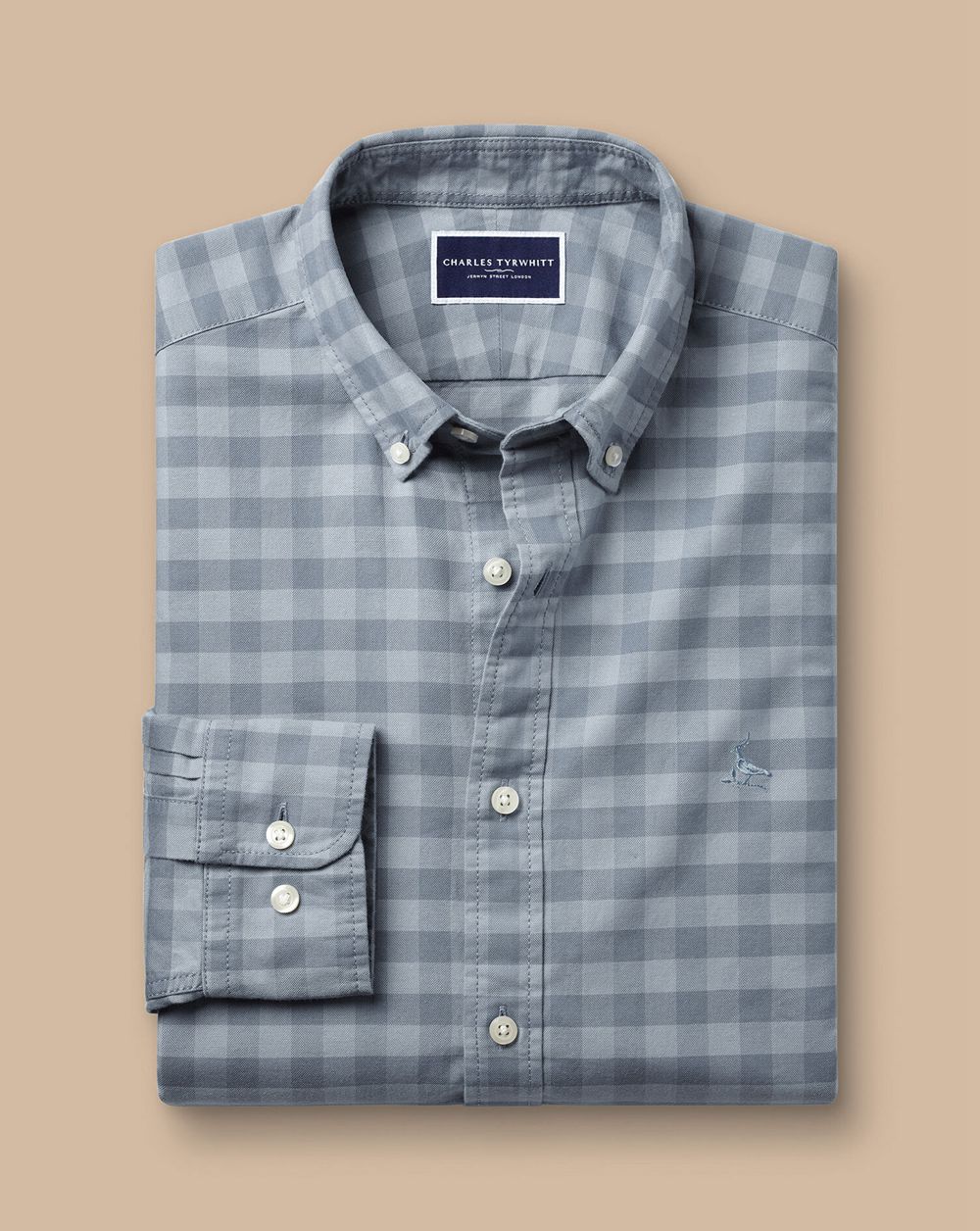 Flint Grey Charles Tyrwhitt Button-Down Collar Stretch Washed Oxford Gingham Shirt | UVTYMA-290