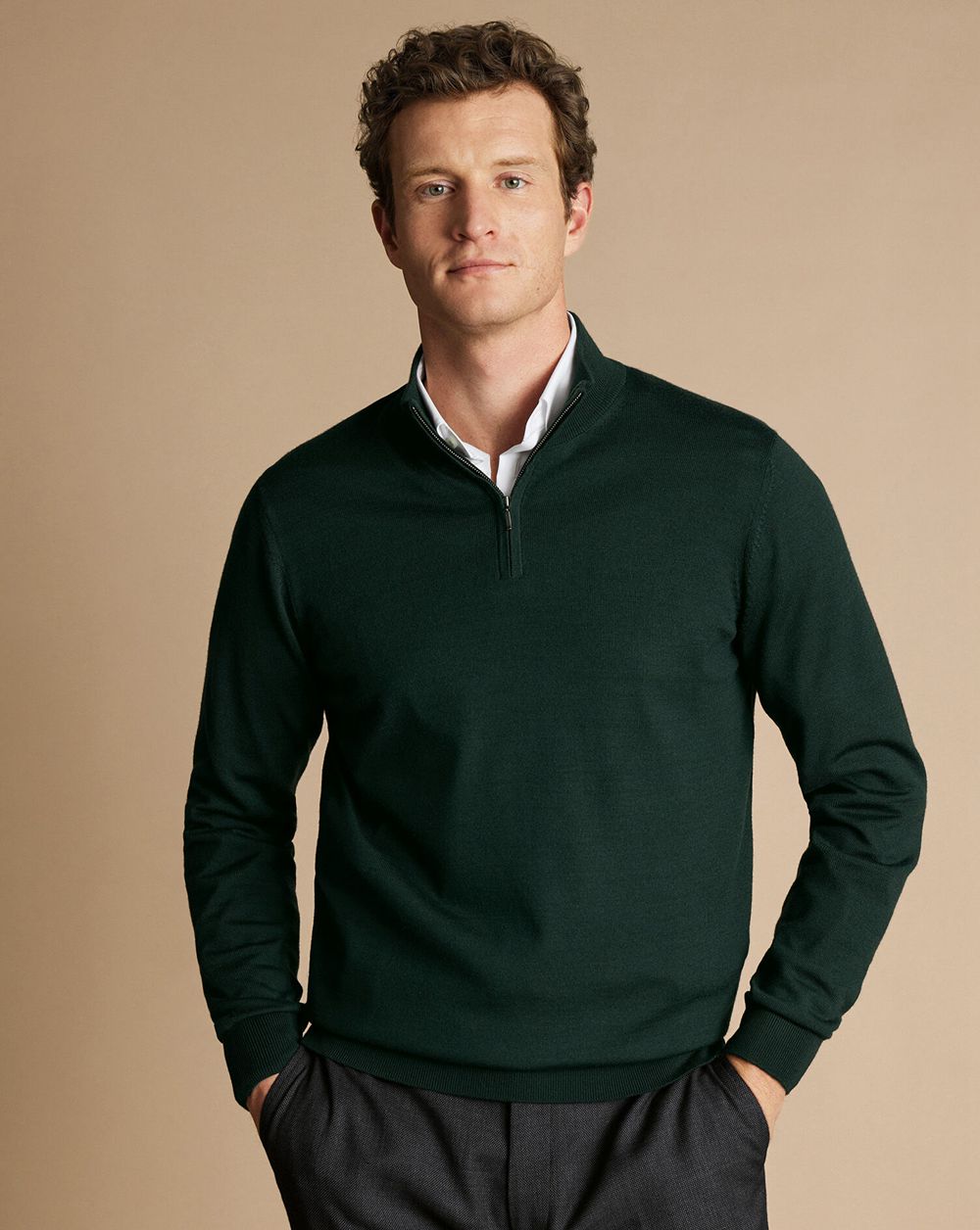 Forest Green Charles Tyrwhitt Merino Quarter Zip Sweater | TGRJWL-421