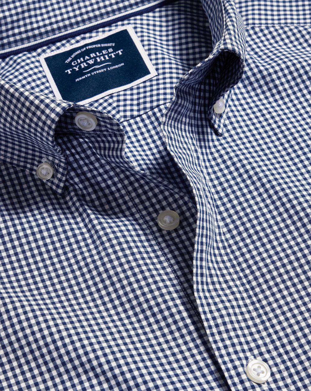 French Blue Charles Tyrwhitt Button-Down Collar Non-Iron Stretch Poplin Mini Gingham Check Shirt | MWPILZ-064