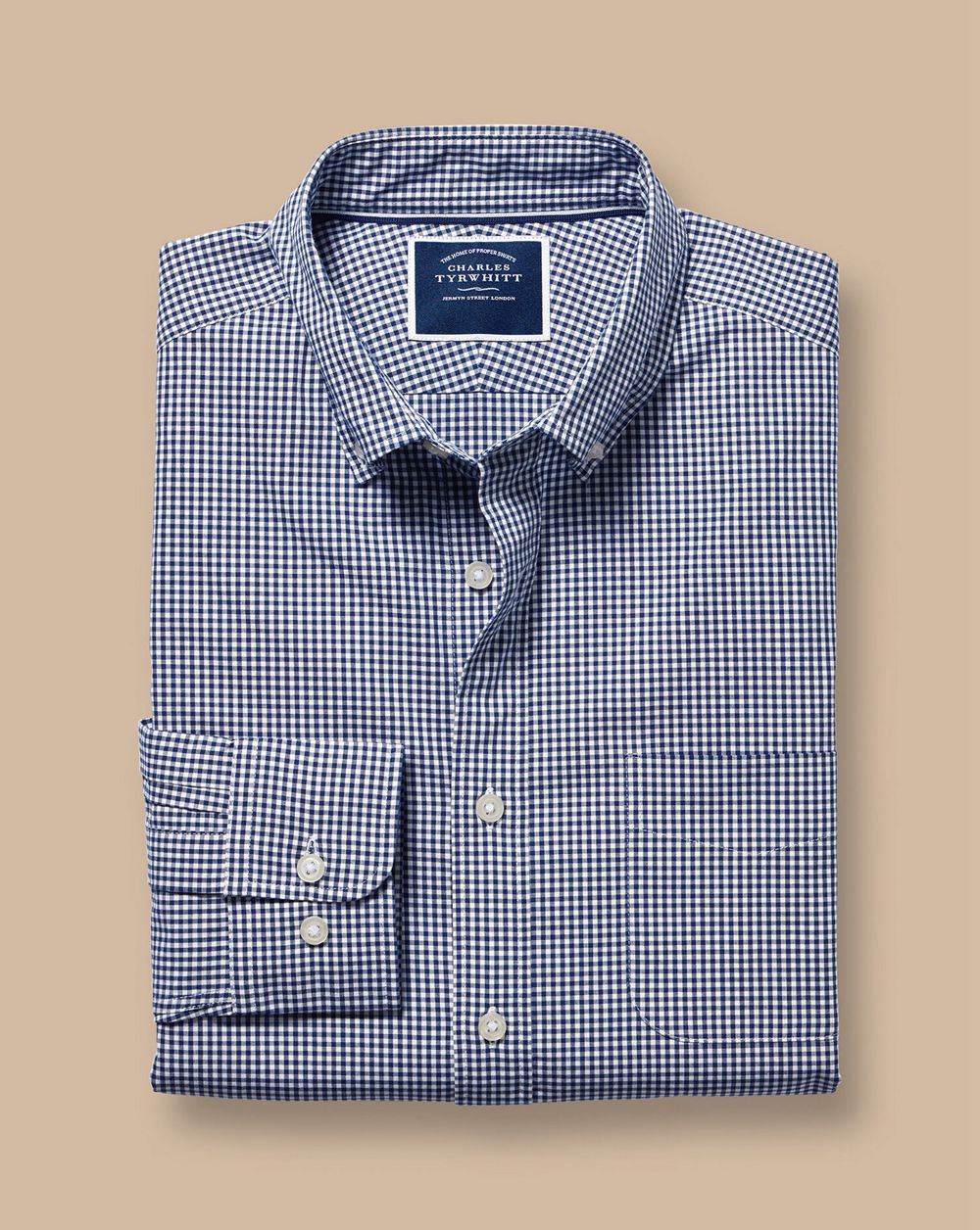 French Blue Charles Tyrwhitt Button-Down Collar Non-Iron Stretch Poplin Mini Gingham Check Shirt | MWPILZ-064