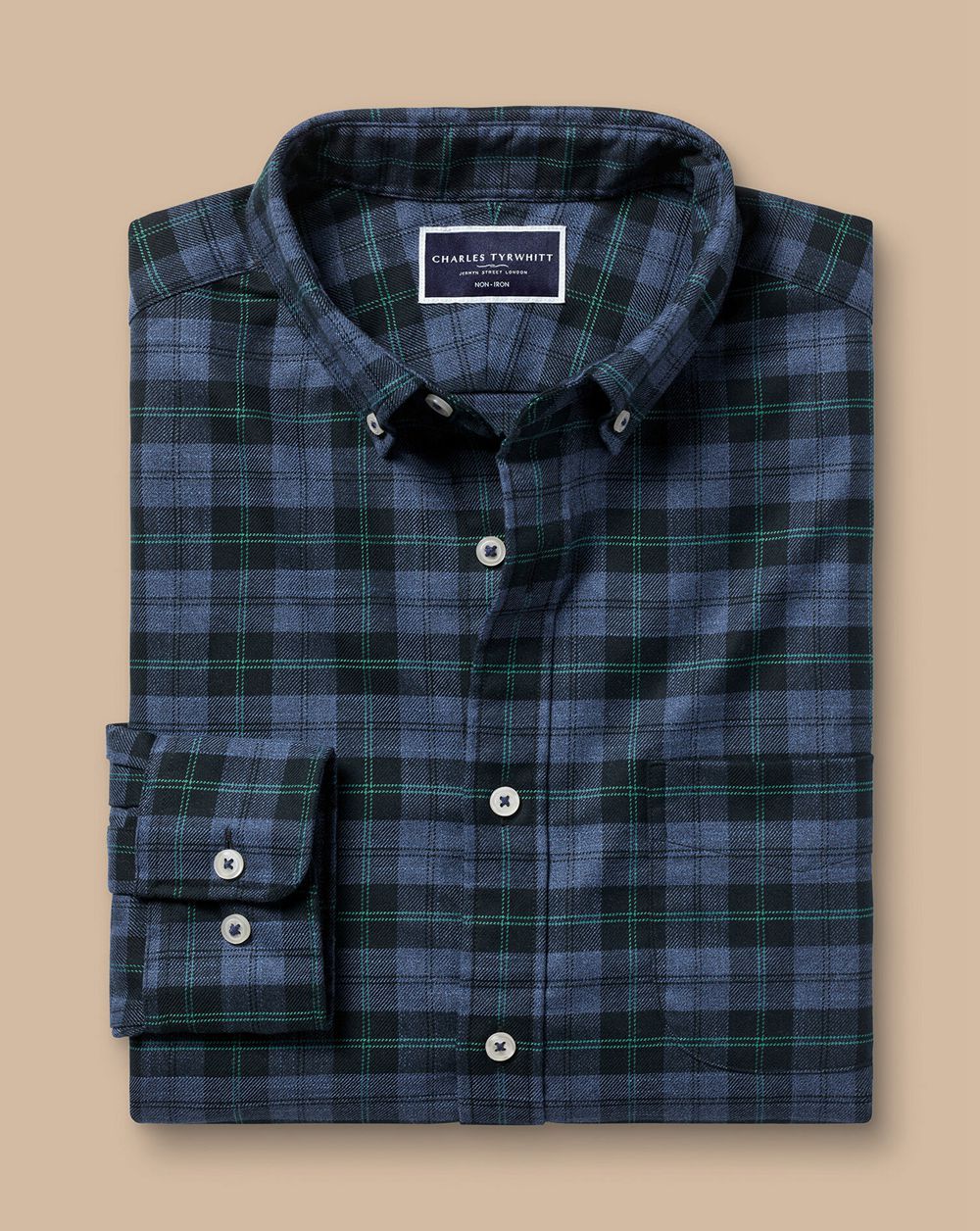 Green Charles Tyrwhitt Button-Down Collar Non-Iron Twill Overcheck Shirt | JSXYIF-829