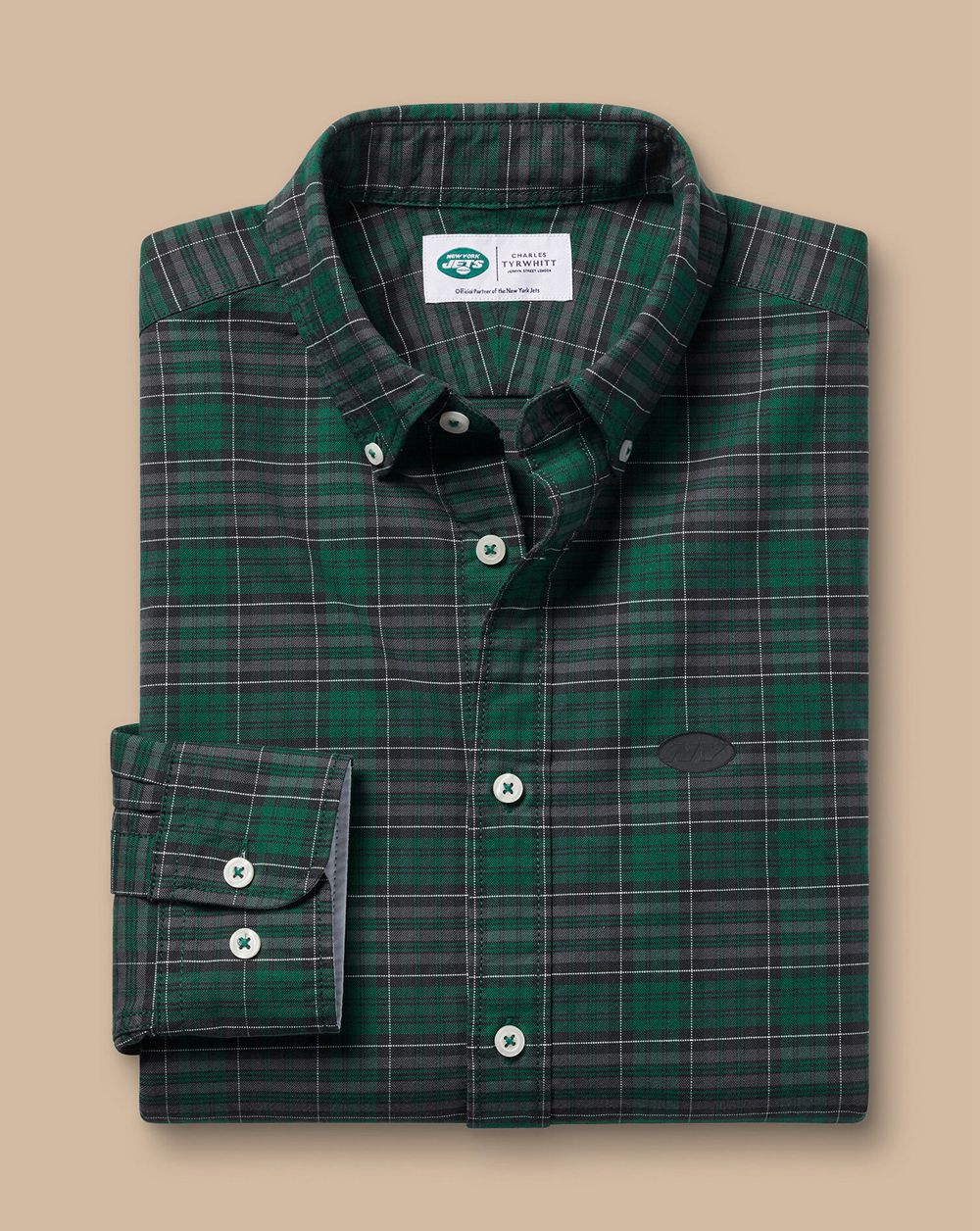 Green Charles Tyrwhitt New York Jets Button-Down Collar Washed Oxford Check Shirt | UMYCKD-954