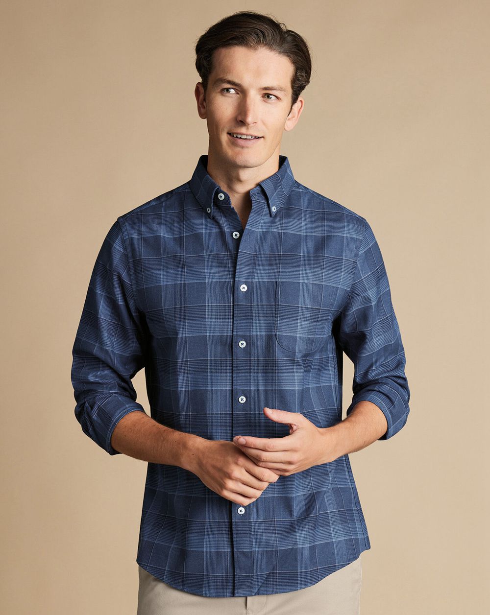 Heather Blue Charles Tyrwhitt Button-Down Collar Non-Iron Twill Multi Check Shirt | YWFNGD-528