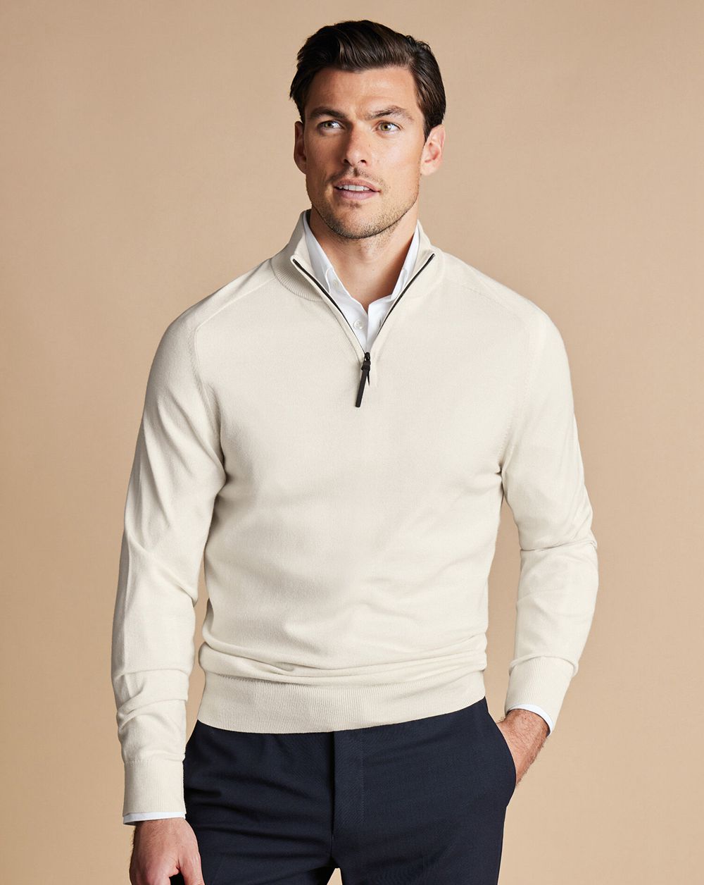 Ivory Charles Tyrwhitt Performance Merino Quarter Zip Sweater | RASHFX-460