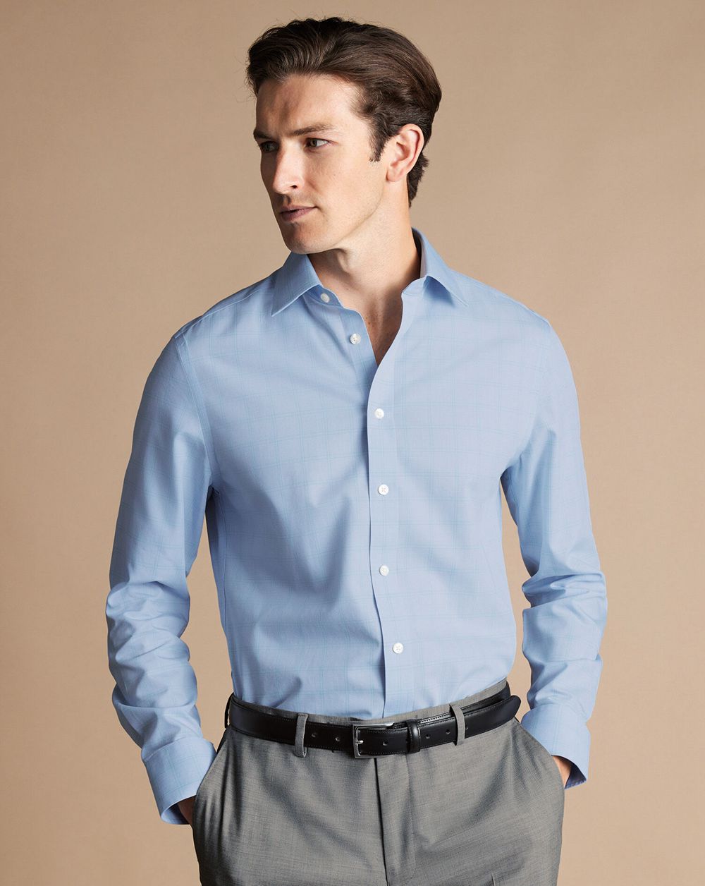 Light Blue Charles Tyrwhitt Non-Iron Prince Of Wales Poplin Shirt | BGVCTF-045